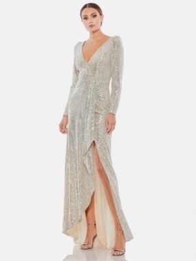 Ieena for Mac Duggal Champagne Faux Wrap Sequin Gown Size 4